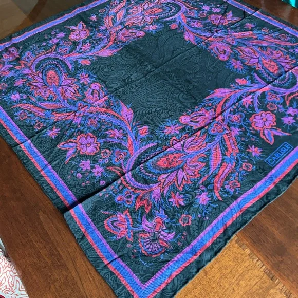 Carlisle Black Scarf with Purple and Pink Floral Accents silk 32“ x 32“ - Picture 3 of 8